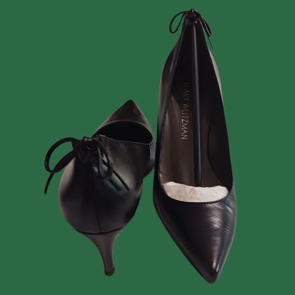 Stuart Weitzman Peekamid Leather Pointed Toe Heels Bow Detail Blk Size 36.5/6 - Picture 13 of 15